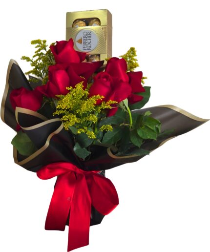 Arranjo 6 rosas e chocolate