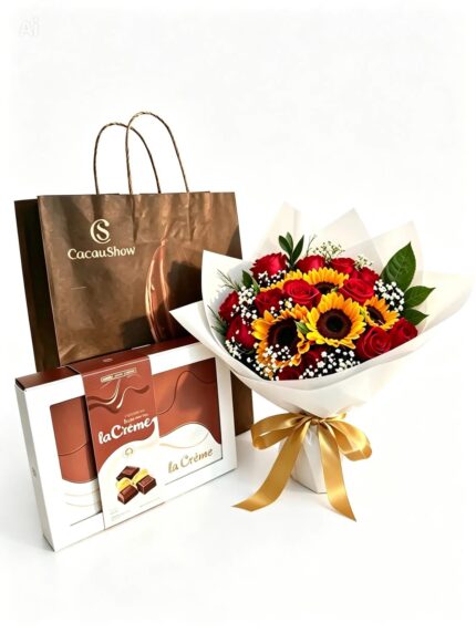 Kit Buquê Mix de Girassóis e Rosas Vermelhas e Cacau Show